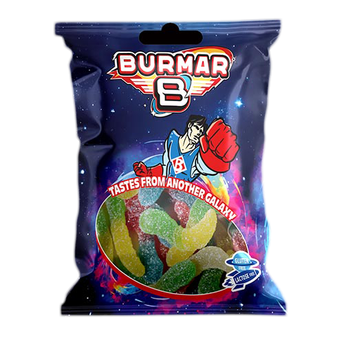 Bolsa 100g-GUSANOS-SURTIDOS-ÁCIDOS. Gusanos de goma cubiertos de una capa de azúcar ácida.